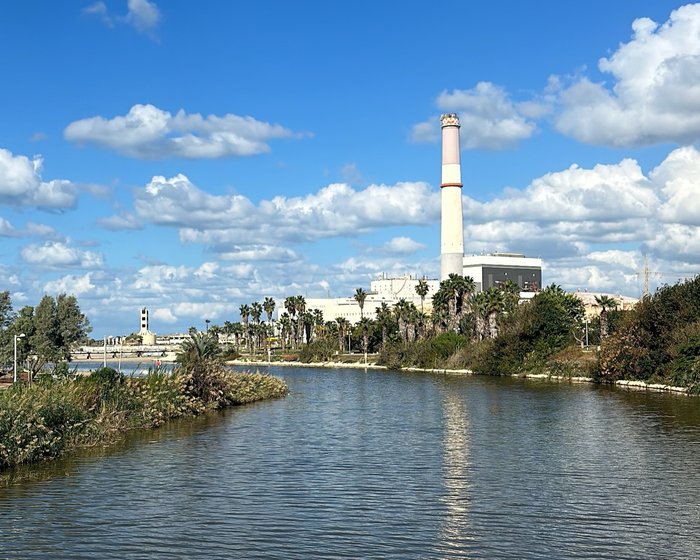 The Reading power station chimney over the Yarkon river, Tel Aviv